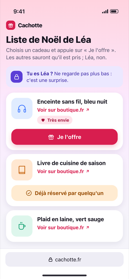 La liste vue par un proche dans son navigateur : un bouton « Je l'offre » sous chaque idée.